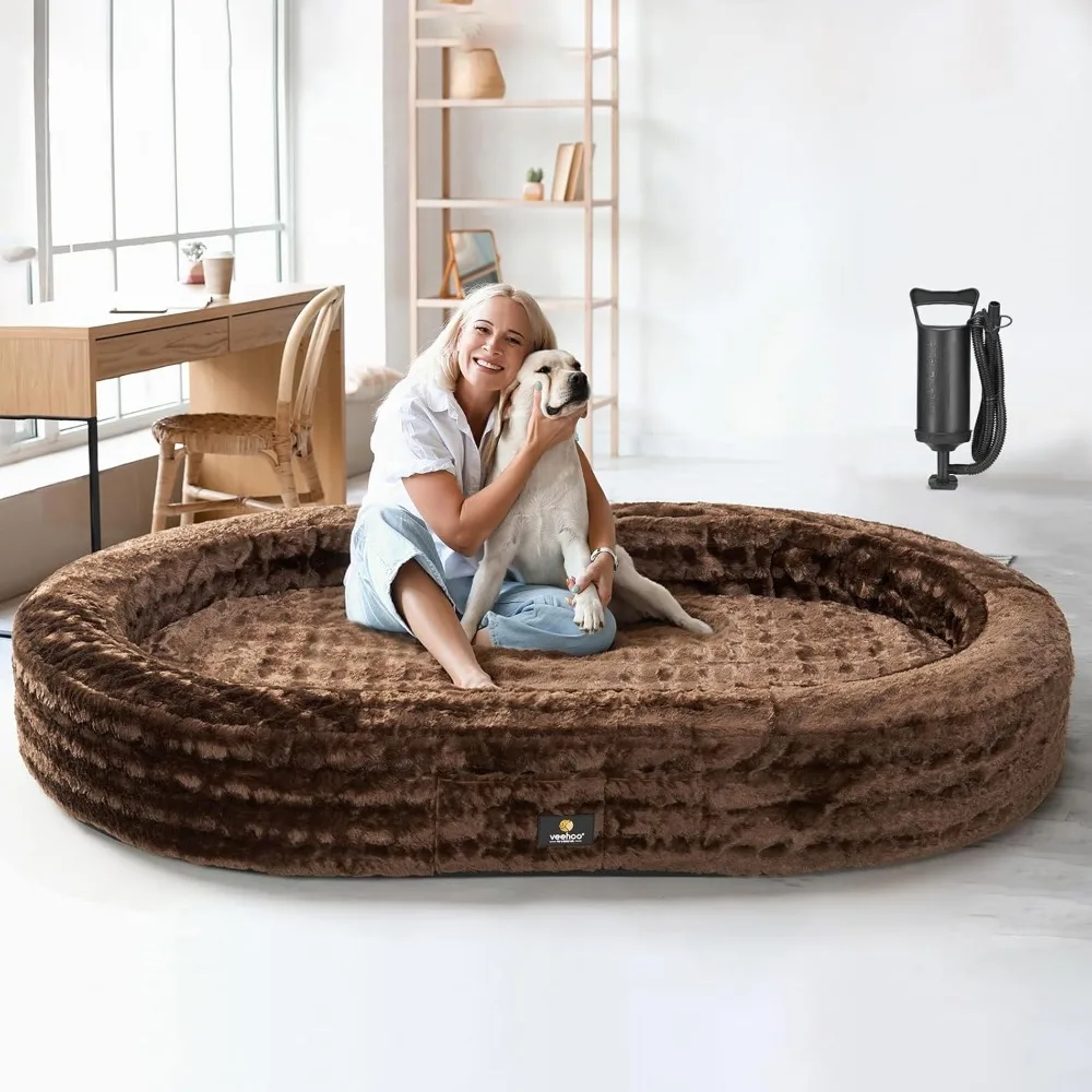 Veehoo Inflatable Human Dog Bed, Giant Human Sized Dog Bed, Soft Fur Oval Nap Bean Bag Bed for Adults, Kids and Pets