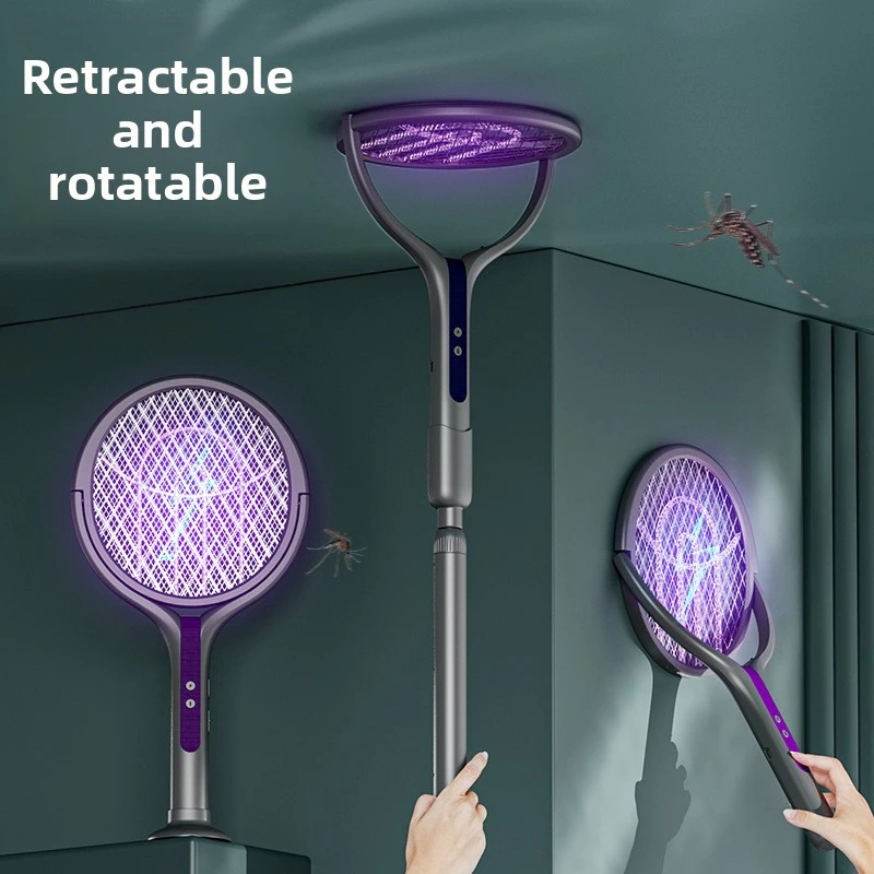 Mata-moscas elétrico com cabeça rotativa inteligente, 2800v, com alça de extensão, recarregável, usb, 5 camadas, proteção anti-mosquito