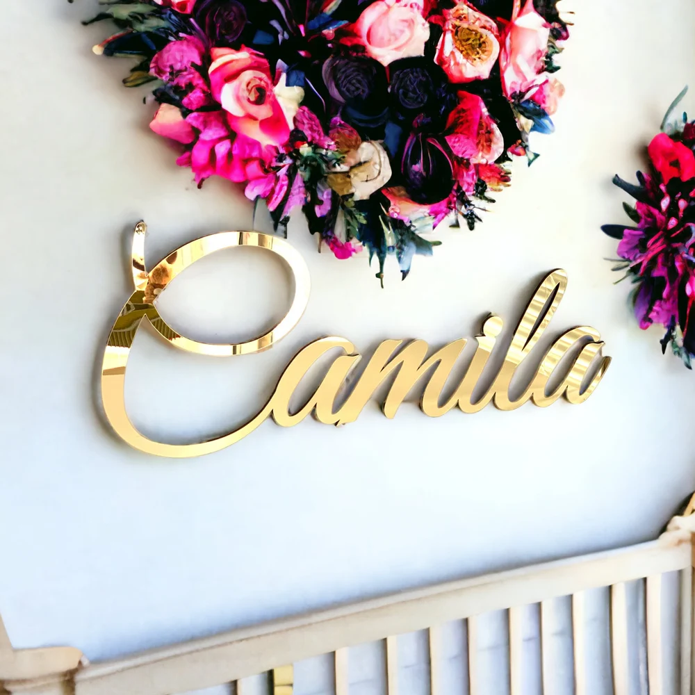 Personalizzato personalizzato nome del bambino segno Decor specchio acrilico segni di parete in legno dorato Baby Shower Nursery Decor festa di