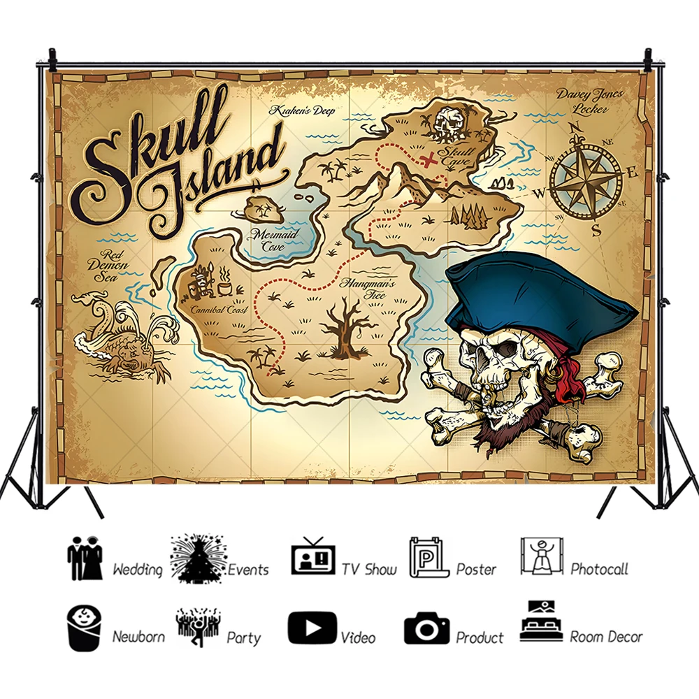 World Map Pirate Ship Cool Boys Birthday Banner Backdrop Custom Skull Wheel Treasure Photography Poster Decoration Background