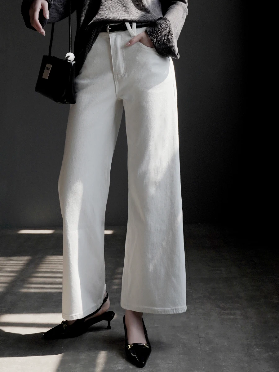 

Warmo2026 Spring New Women's High Waist Wide Leg Nine Points Casual Jeans Elastic White Denim Pants Versatile Casual Trousers
