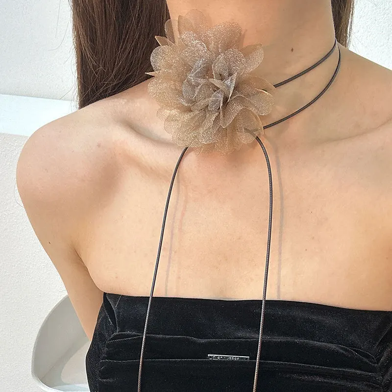 Exaggerated Romantic Lace Big Flower Clavicle Chain Necklace for Women Goth Y2K Adjustable Bowknot Choker Dinner Party Jewelry