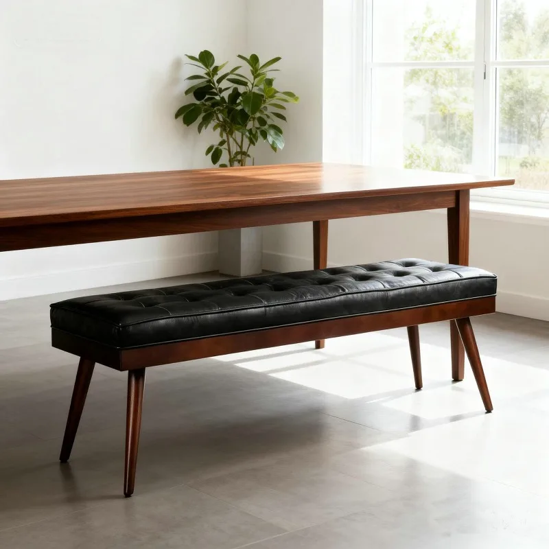 hh-Mid-Century  Tufted Leather Dining Bench, Upholstered Ottoman with Solid Wood Legs, Entryway & Dining Room Bench^