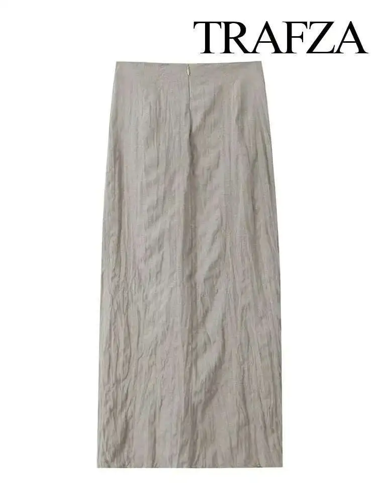 

New Summer Fashion Women Long Skirts Solid Color High Waist Pleated Slit Decorate Zipper Female Bohemian Style Mid-Calf Skirt