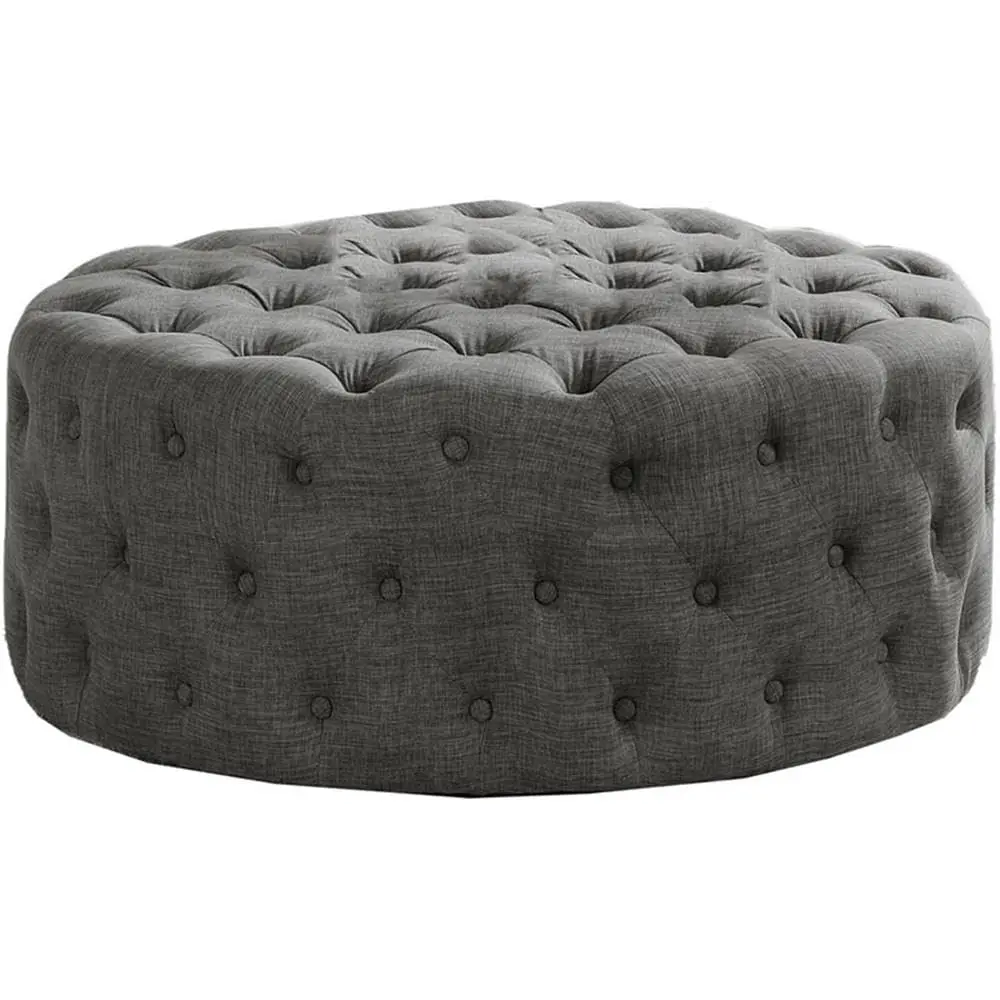 Tufted Round Ottoman Footstool Gray Linen Modern Glam Coffee Table Stool, Customized