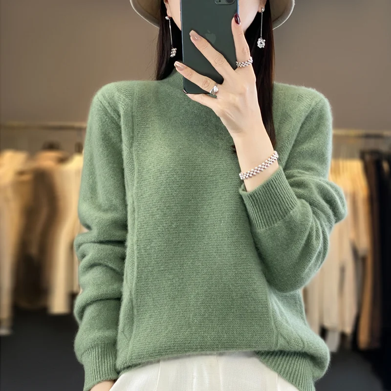 High-end 100% pure sweater women's seven-needle thick half-height knitted cashmere sweater loose plus size sweater bottoming shi