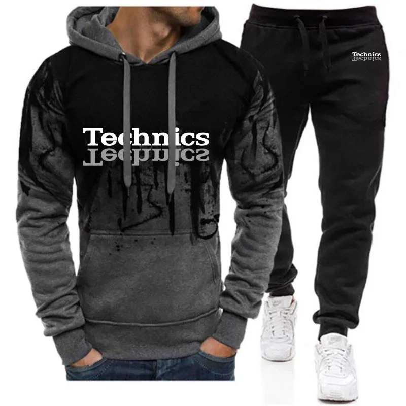 

2024 Technics DJ 1200 Men Spring and Autumn Tracksuits Gradient Color Hooded Hoodie + Print Sweatpant Harajuku Sportwear Suit