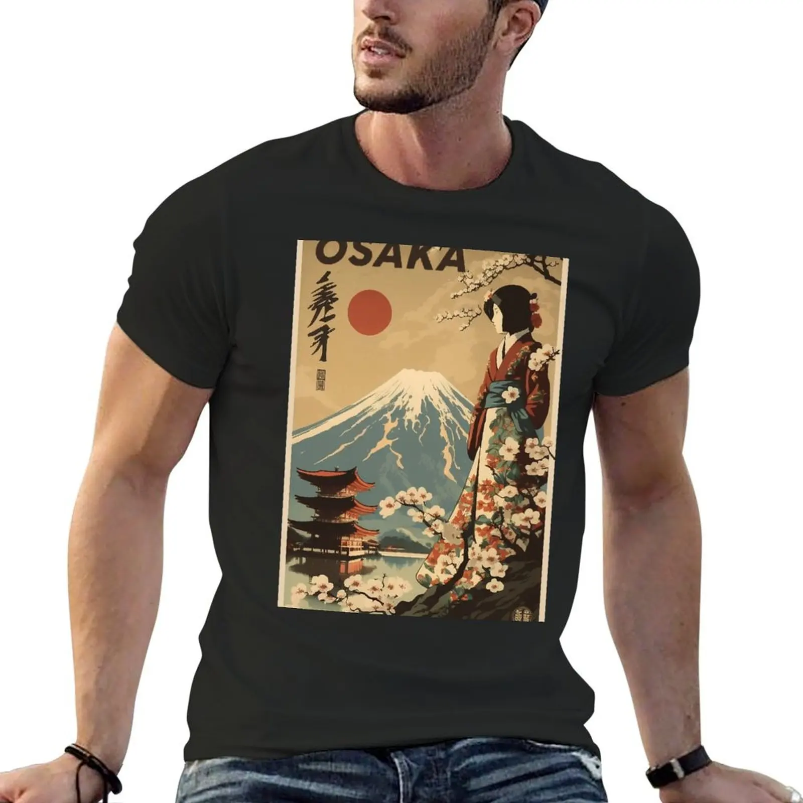 Osaka Japan Vintage Travel Art Poster T-Shirt cute clothes kawaii clothes heavyweights graphics plain black t shirts men