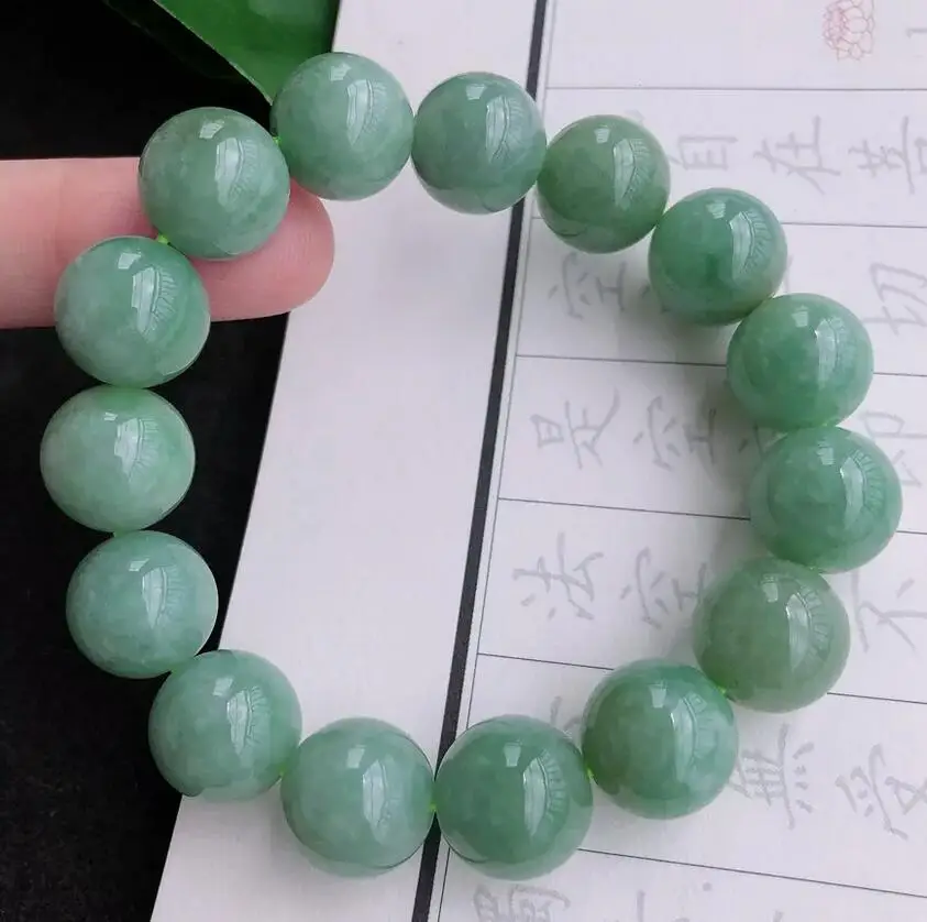 

Natural Grade AAA Green Burmese Jade jadeite 13.6mm bead bracelet