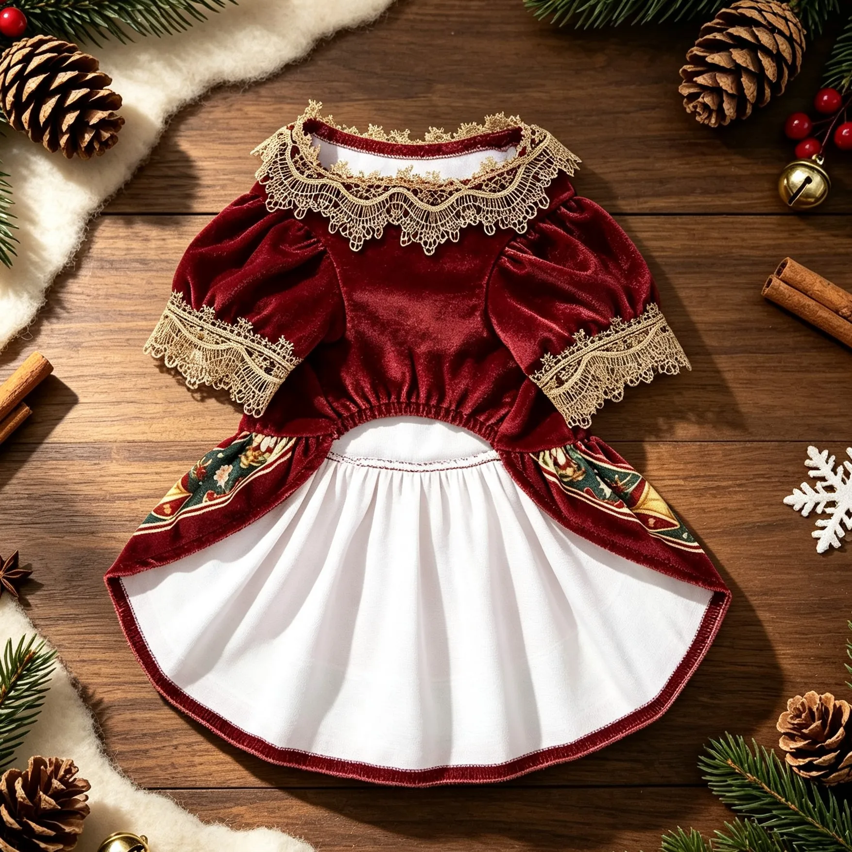 1 Haustierkleid, burgunderrotes Samtkleid für Hunde mit Spitzenrüschen, Weihnachtsmuster mit Glockenblumen-Print für Haustiere – Detail 4