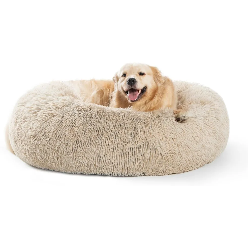 

Calming Donut Dog Bed, Plush Faux Fur, Large 36x36 Inch, 10 Inch Thick, Durable and Machine Washable