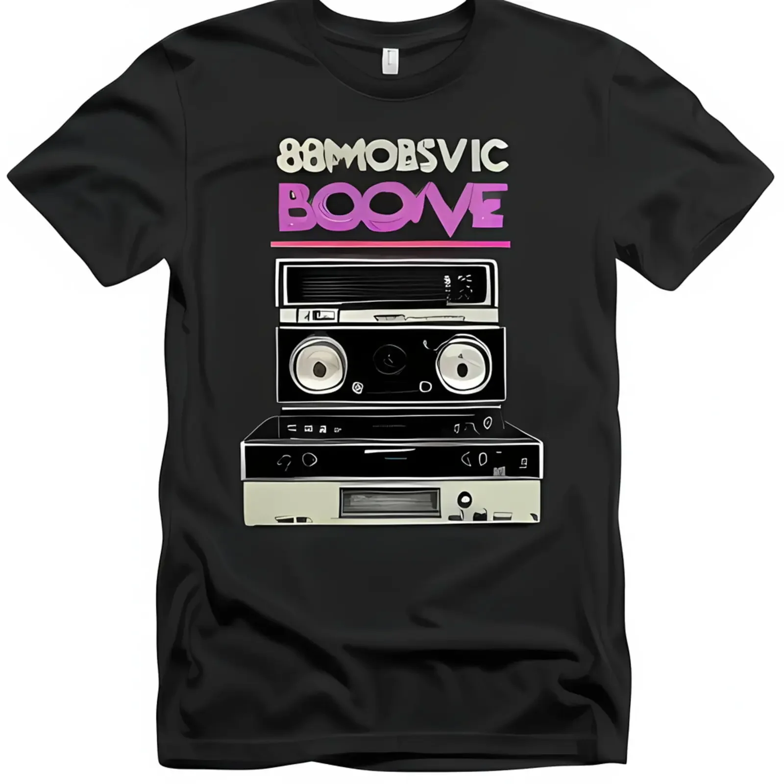 Retro 80s Moove T-Shirt with Tape Recorder and VHS Film Design Black Shirt