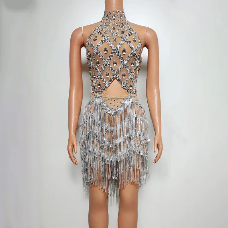 

Bright Diamond Clothing Backless Tassel Stage Dance Clothing Talent Show Pole Dancing Celebrities Party Singer Vestidos De Festa