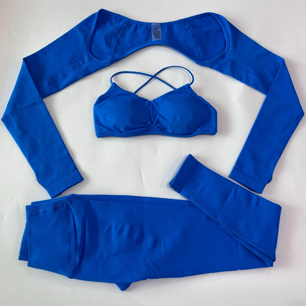 3-teiliges Leggings-Set, nahtloses Yoga-Set für Damen, Langarm-Shrug, Gym-Top, Leggings mit überkreuztem Bund, Fitness-BH, Workout-Kleidung, Sportanzug – Detail 12