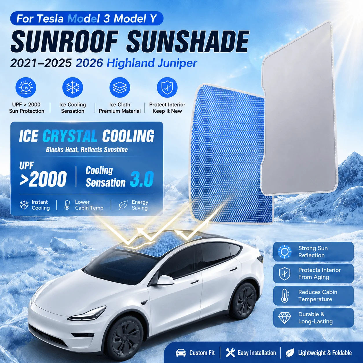 For Tesla Model 3 Highland 2024-2026 Model Y Juniper 2025-2026 Honeycomb Buckle Style Sunroof Sunshade Front Rear Mesh Curtain