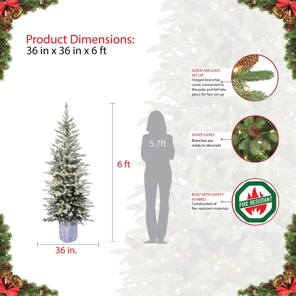 2024 New Pre-Lit Potted Flocked Arctic Fir Pencil Artifical Artificial Christmas Tree