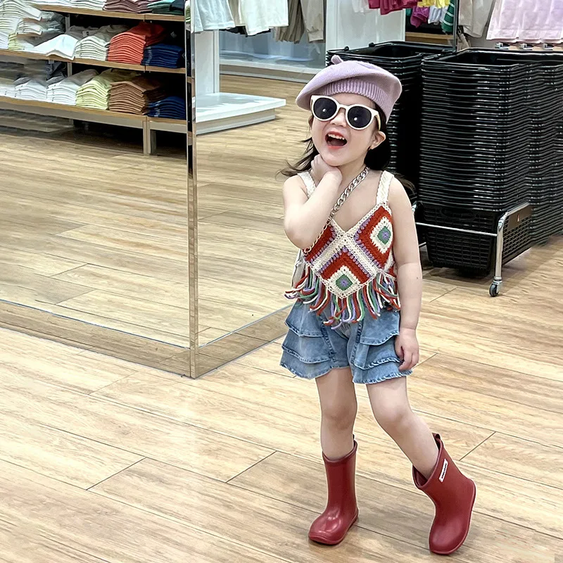 

Spring Summer Children Girl 2PCS Clothes Set Tassel Hem Argyle National Tank Top Suit Solid Denim Cake Short Toddler Girl Outfit