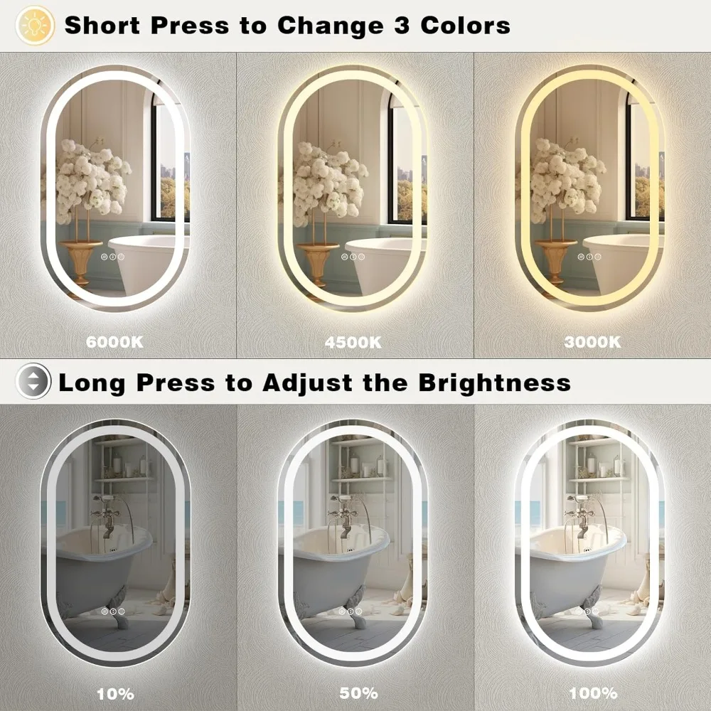 مرآة حمام SMIROR بيضاوية الشكل بإضاءة LED للجدار 24x36، مرآة مضيئة على شكل حبوب منع الحمل مع أضواء، إضاءة أمامية وإضاءة خلفية، 3 C #3