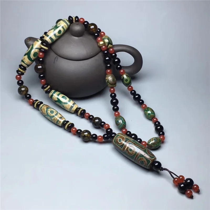 Jewelry Necklace Dzi Agate Green Nine-Eye plus Three-Eye Necklace Fashion Sky Bead Necklace