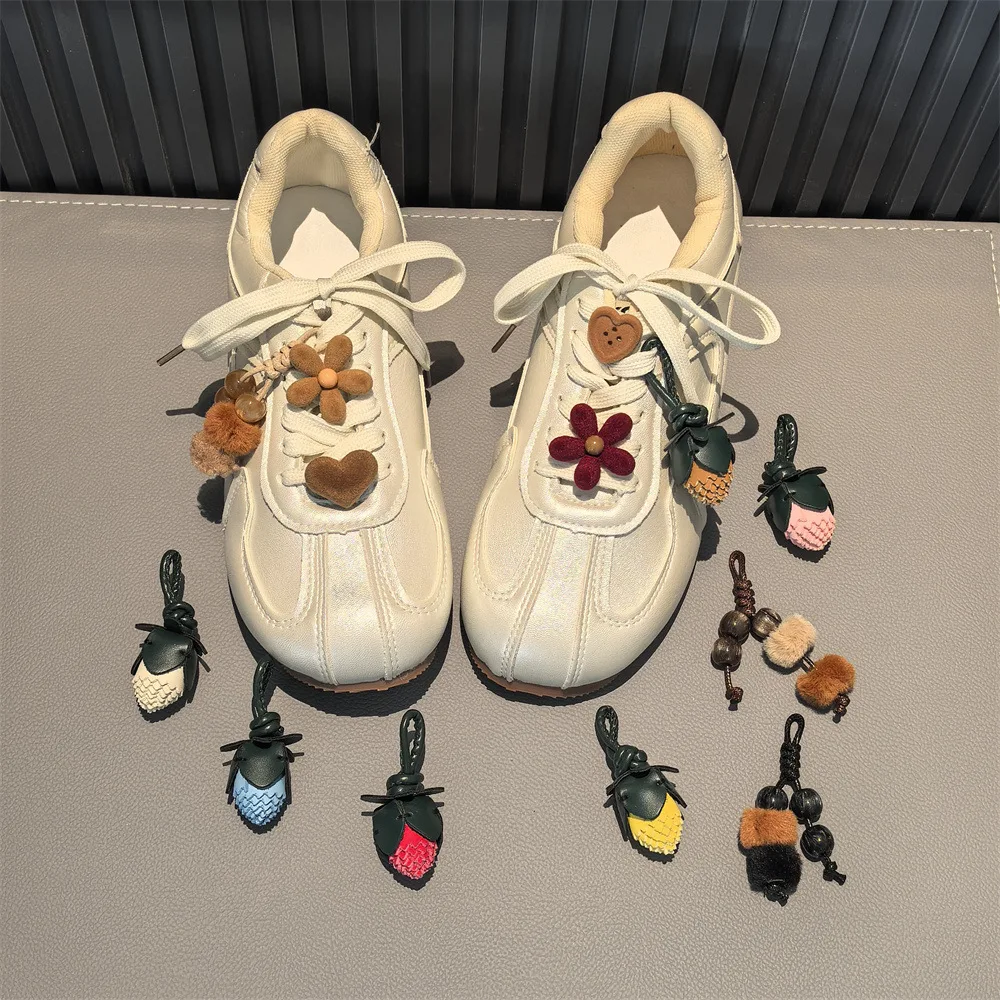 Fall Winter Flocked Flower Shoelace Buckle Charms Leather Ball Tassel Bead Shoe Accessories for Ballet Sneaker Daily Gift