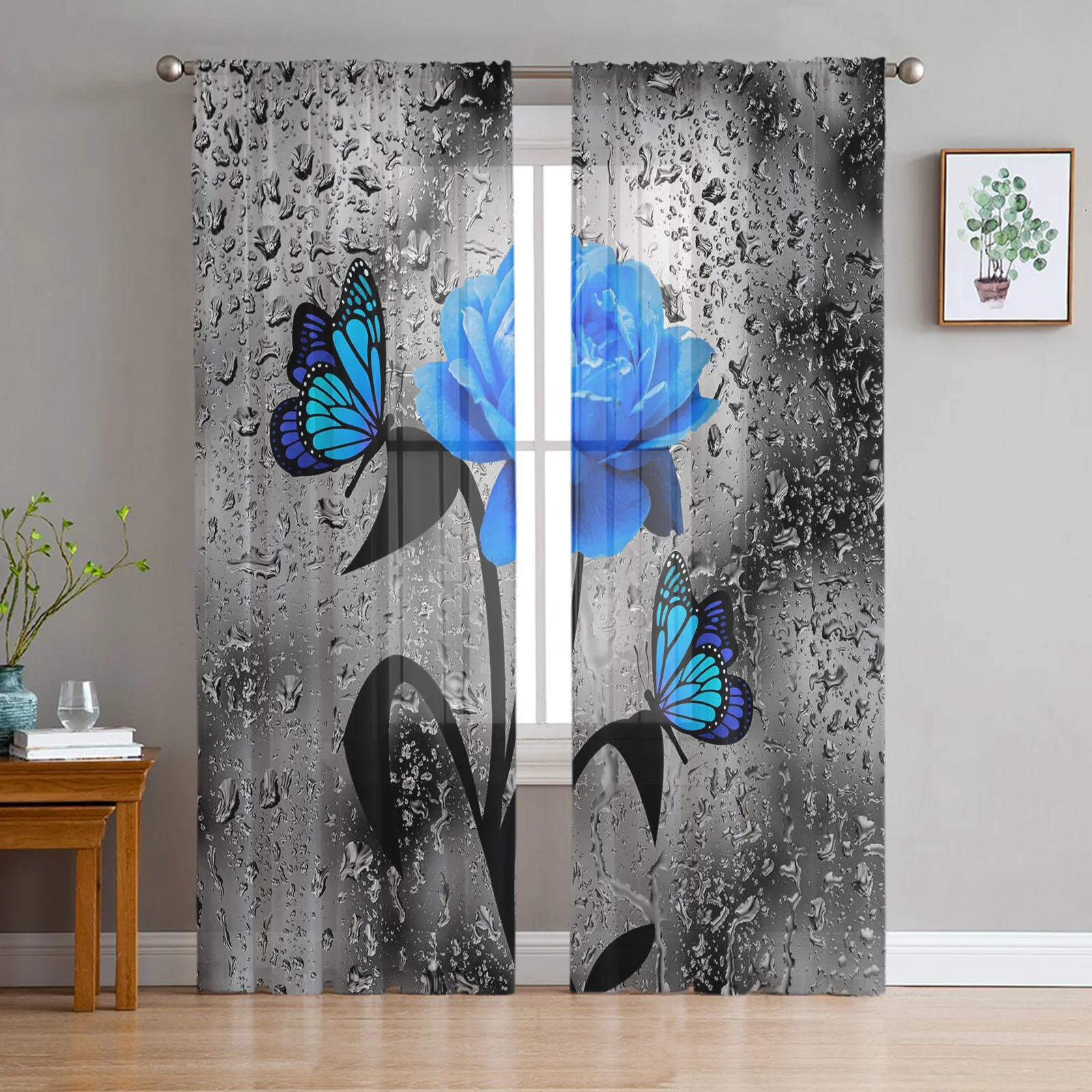 

Blue Rose Flower Butterfly Glassy Gauze Curtains For Children's Bedroom Kitchen For Living Room Holiday Decor Voile Curtain