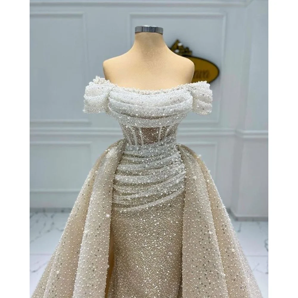 Luxury Sequined Evening Dresses Chic Off the Shoulder Beads Prom Straight Gowns Fashion Draped Sweep Train Party Dresses