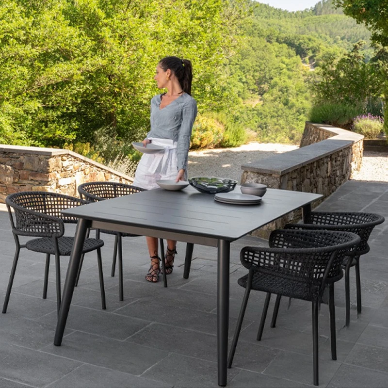 Mesas y sillas de exterior, mesa de comedor de losa de roca, patio, bar, cafetería, villa, terraza, muebles combinados nórdicos