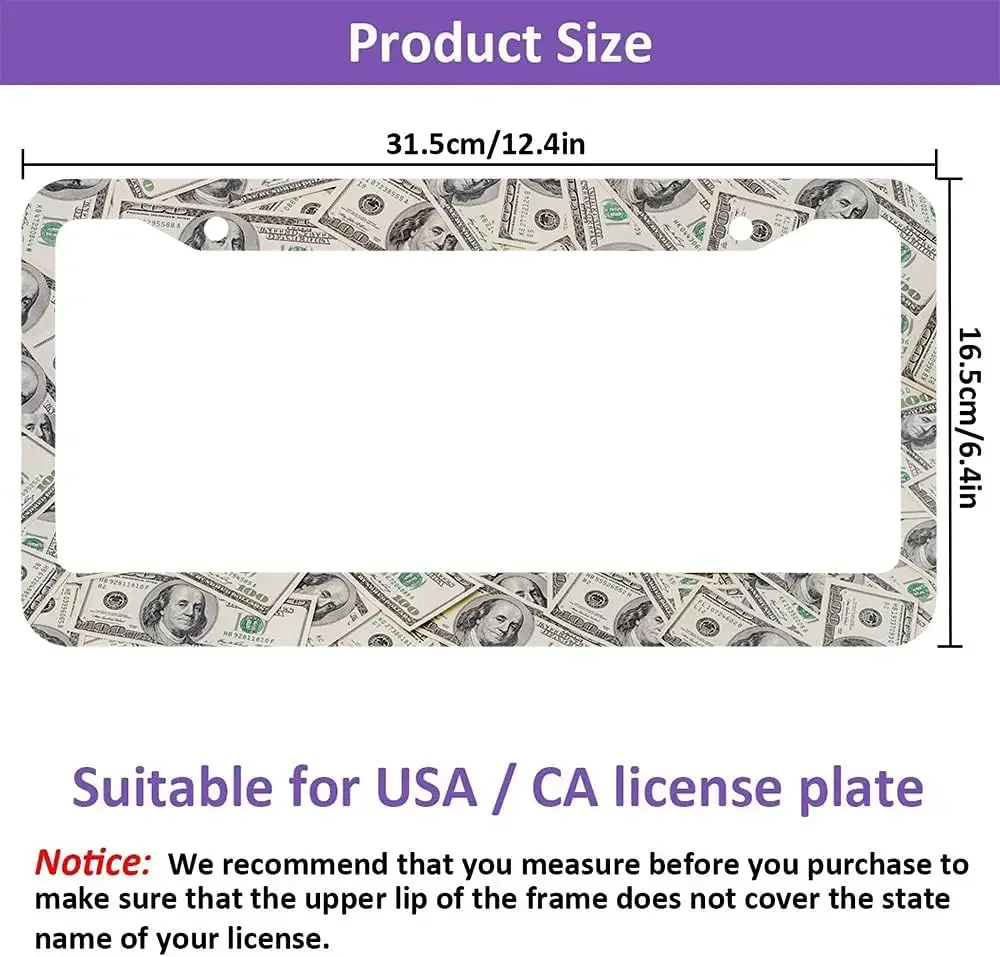 Dólares dos eua quadro da placa de licença contas de dinheiro americanas suporte de placas de licença do carro engraçado molduras de cobertura da placa de licença para veículos dos eua