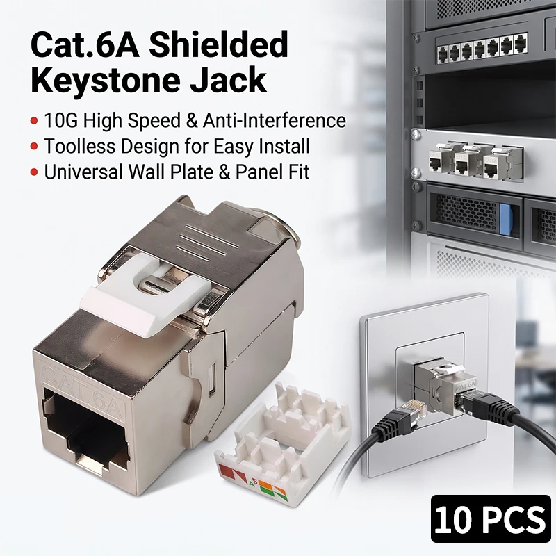 10Pcs Cat6A Shielded RJ45 Keystone Jacks 180 Degree Toolless No Punch Down 10Gbps Ethernet Network Modules for Shielded Cable