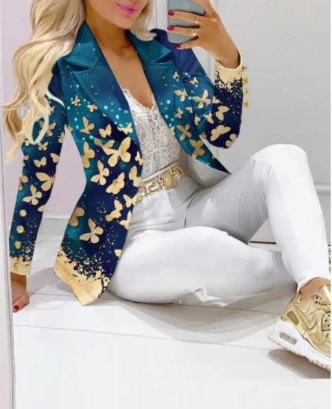 Casual Streep Print Pak Jas Broek Set Kantoor Dame Mode Elegante Lange Mouw Top Broek Tweedelige Set Vrouwen Outfit 2023