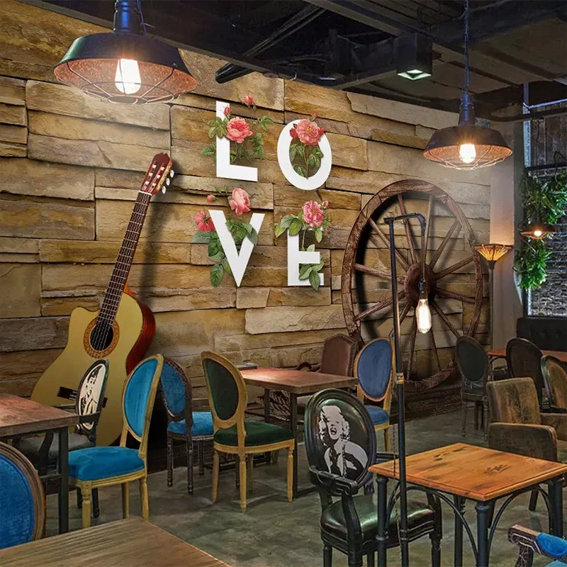 Custom Any Size Wall Cloth Nostalgic Retro Brick Wall Wheel Guitar 3D Wallpaper Restaurant Cafe Background Wall Decoration Mural