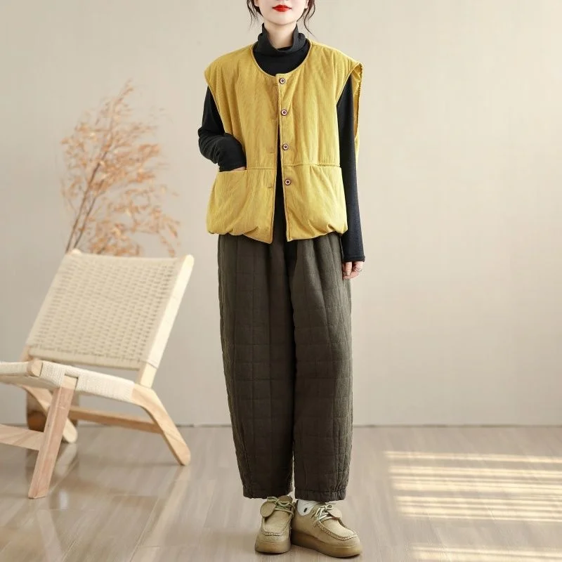 Chaleco de pana amarillo Retro japonés, Chaqueta de algodón para mujer, chaleco holgado sin mangas para primavera y otoño, Top corto w1472