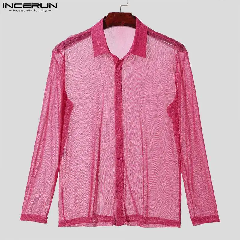 INCERUN Tops 2024 Handsome New Men\'s Slightly Translucent Flash Fabric Shirts Fashion Casual Male Thin Long Sleeved Blouse S-5XL