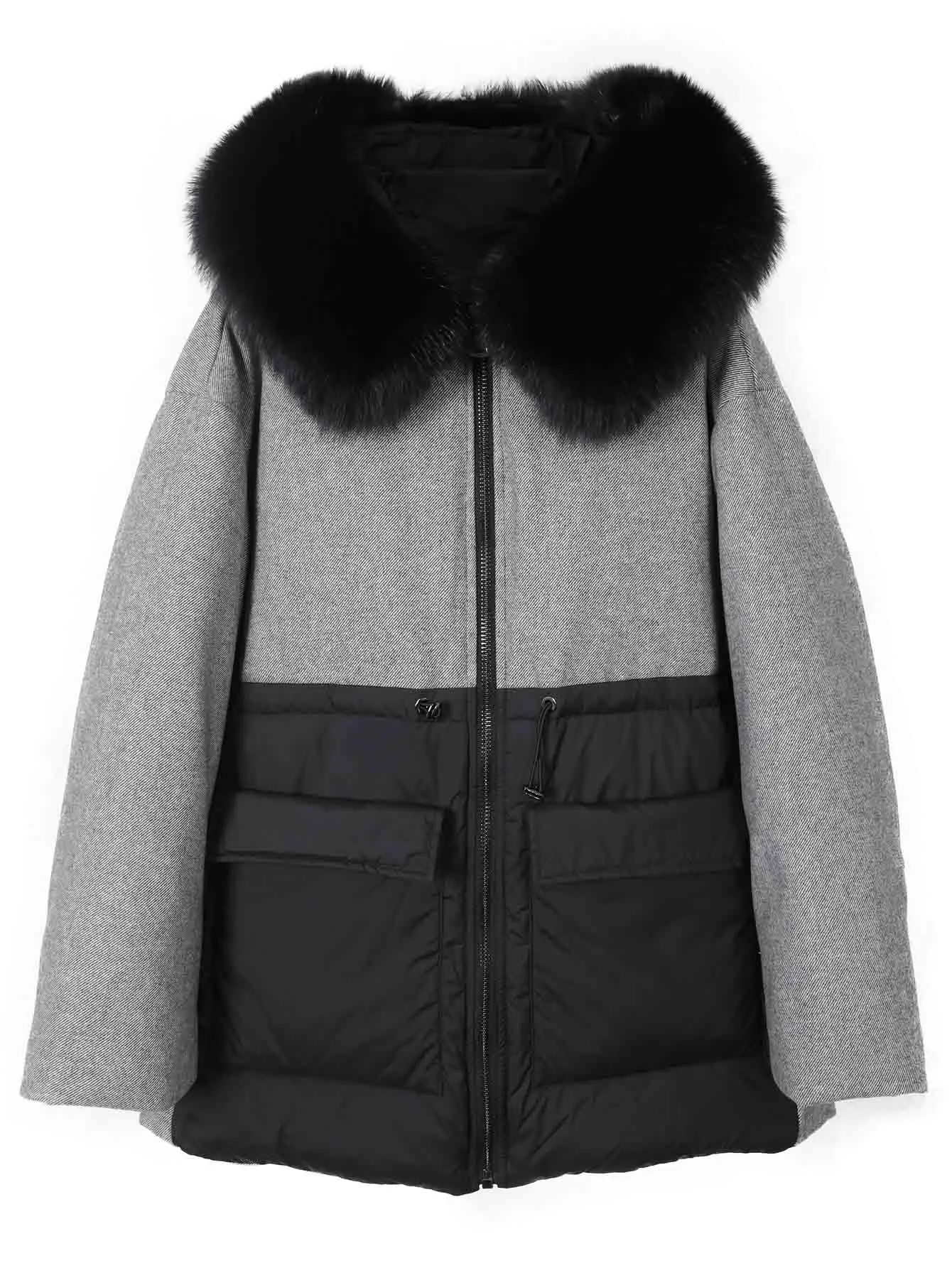 Plus Size Tops Real Fox Fur Collar Down Jacket Coffee Wool Fabric Women's Winter Coat Zipper Fashion