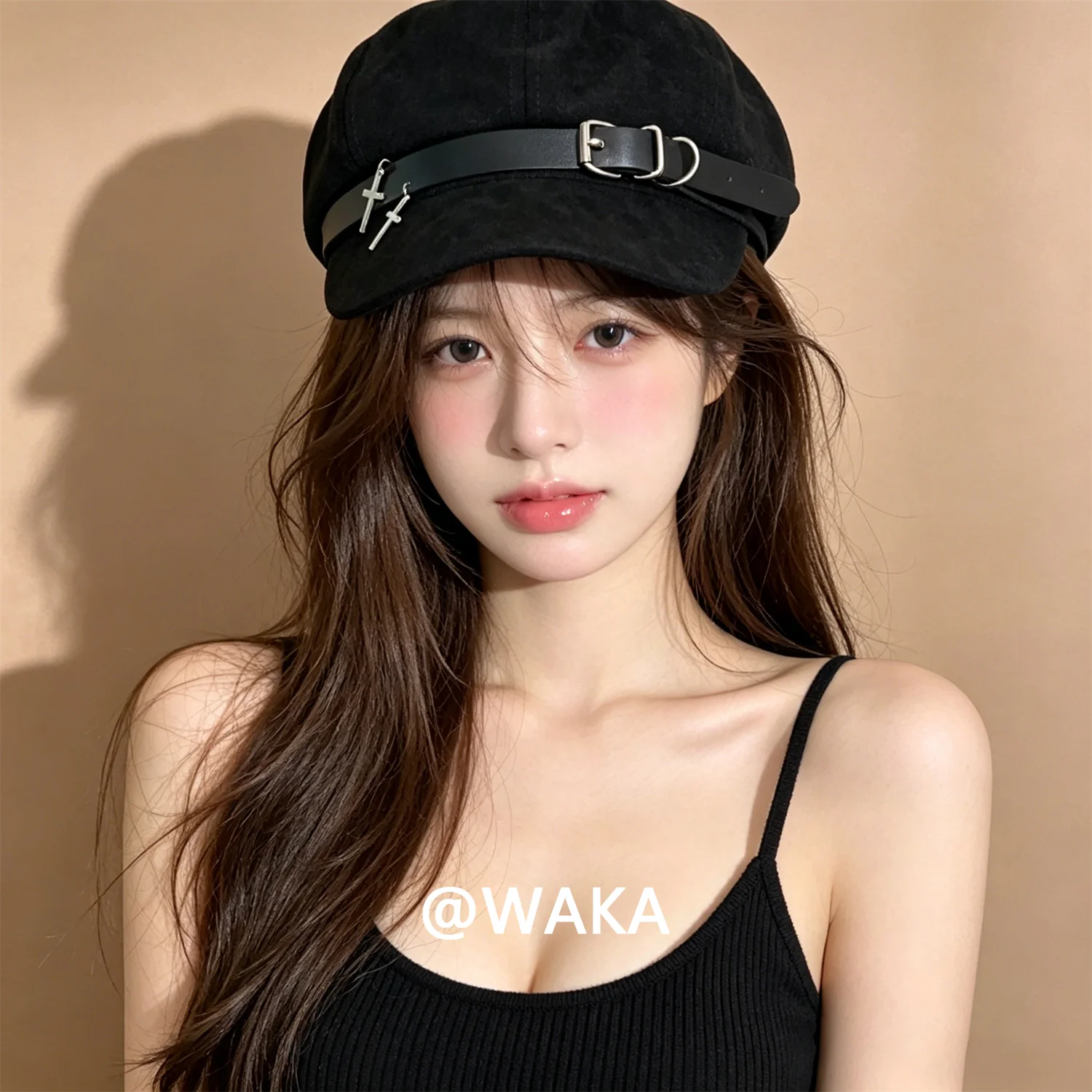 waka-gothic-suede-beret-hat-for-men-women-cross-charm-y2k-streetwear-adjustable-buckle-octagonal-newsboy-cap