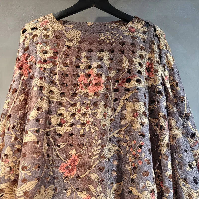 WTHT mode 2025 été femmes imprimer tricot évider pull ample Vintage à la mode manches longues col rond pull femme 1LS1796