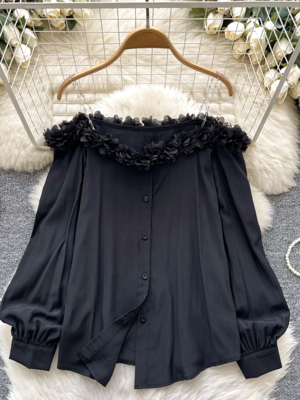 Ele Off-oulder Loose Fit irt with Choker Design And 3D Lace Trim Commute Sle Korean Version Long Sve Spring irt