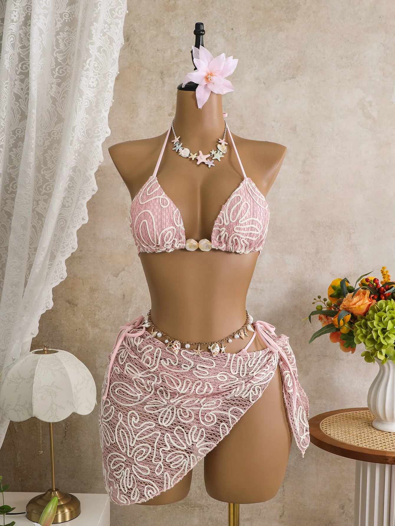 sexy flower pattern halter tie beads bikinis sets 3pcs with cover skirt swimsuits bathing suit beach outfits biquini tankini