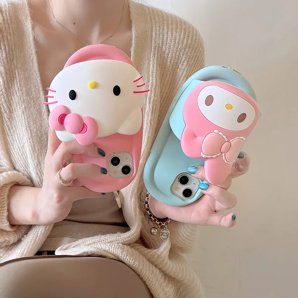 Cute Funny Slippers Hello Kitty My Melody Stereoscopic Phone Case for IPhone 16 15 14 13 12 11 Pro Max Soft Silicone Back Cover