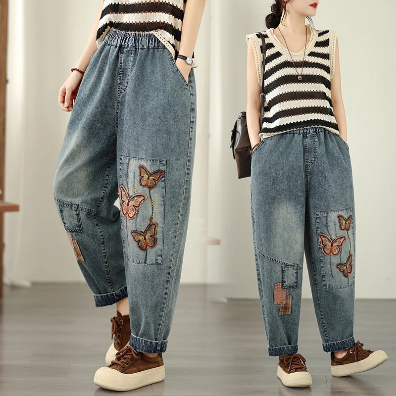 New Casual Large Size Loose Harlan Old Dad Embroidered Jeans Artistic Versatile High Waist Thin Denim Cotton Blend Polyester