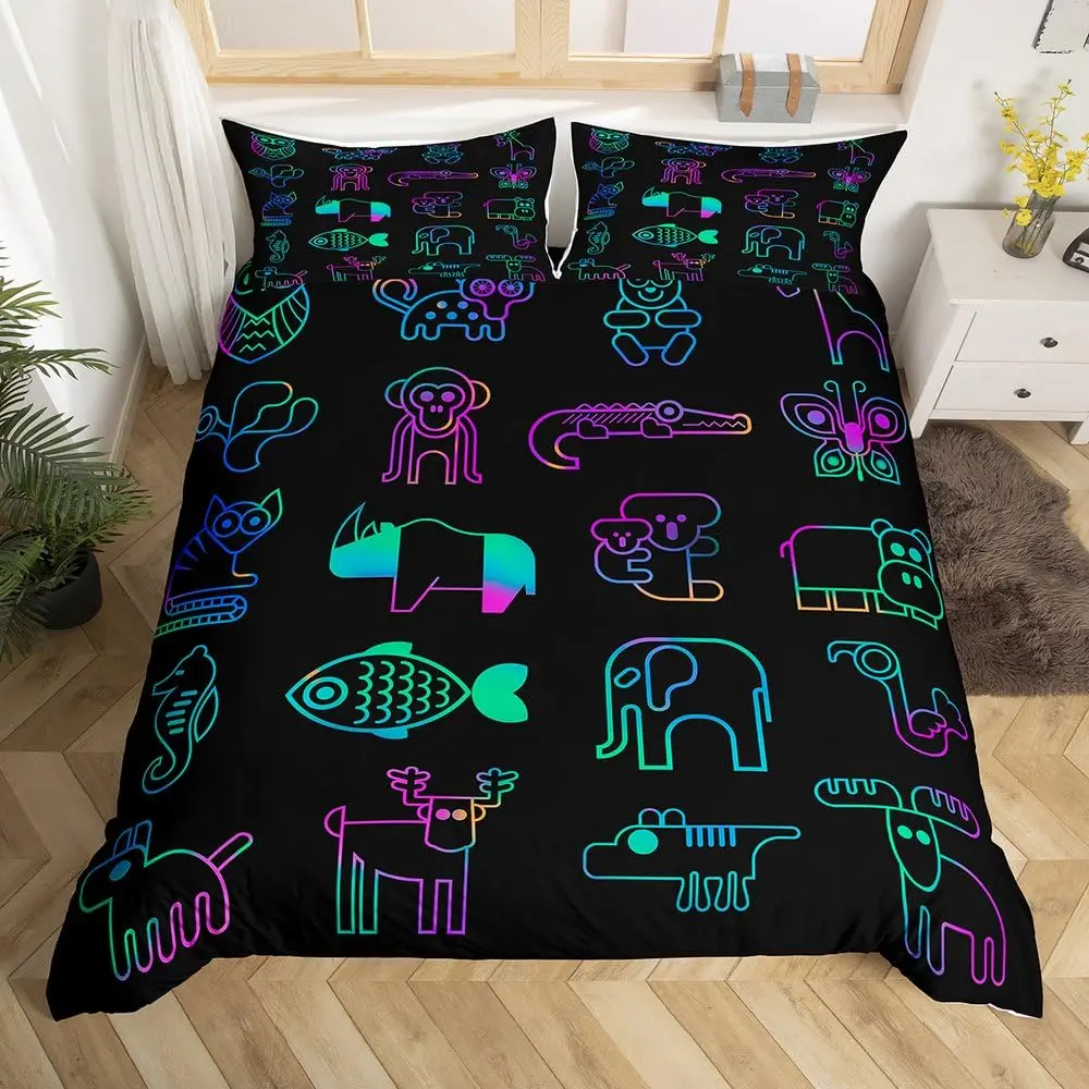 Animal Duvet Cover Neon Elephant Koala Quilt Cover Glowing Deer Moose Bedding Set Full Gradient Monkey Crocodile Comforter Cover