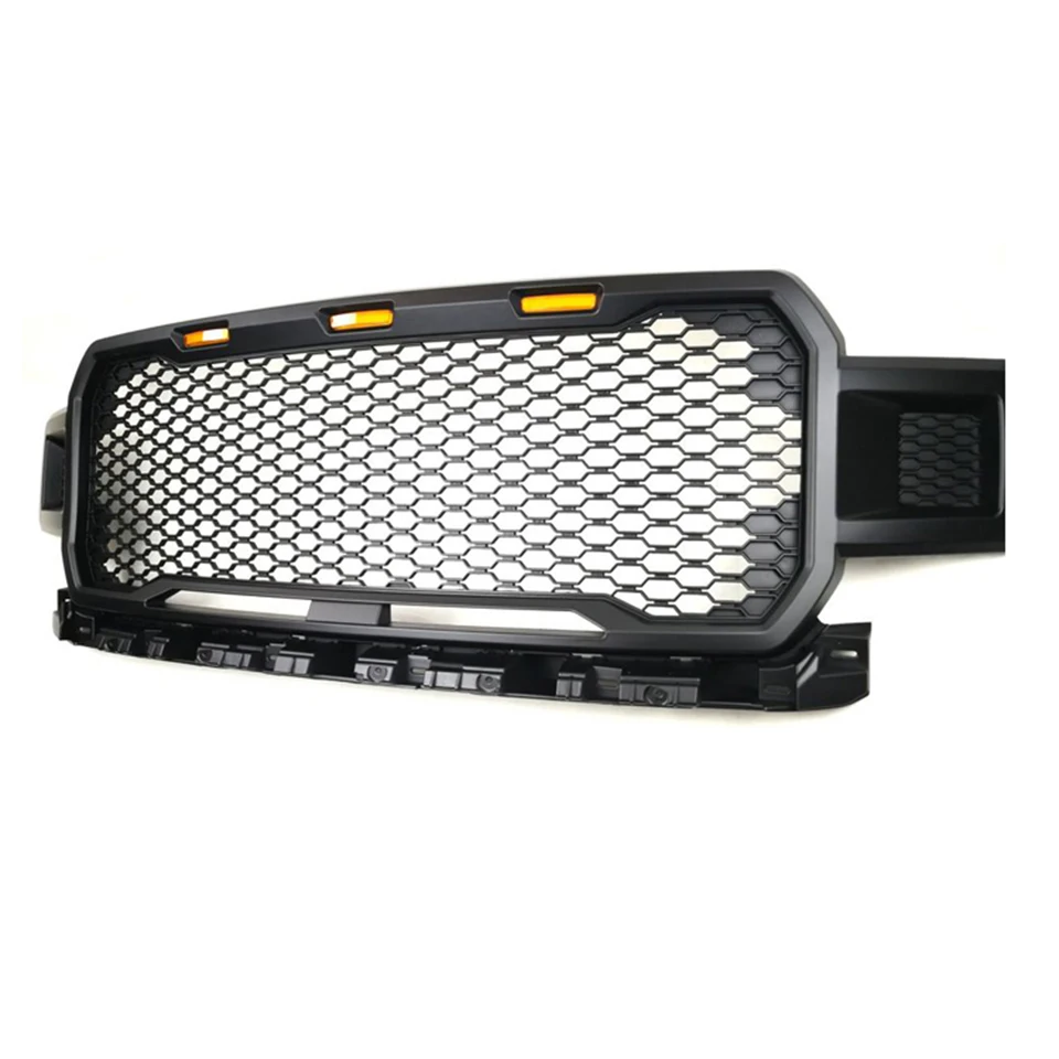 لفورد F150 2018 ~ 2020 رابتور ستايل قطع غيار السيارات مصبغة ماتي الأسود شواء ABS المصد الأمامي شبكات العلوي مع مصباح ليد