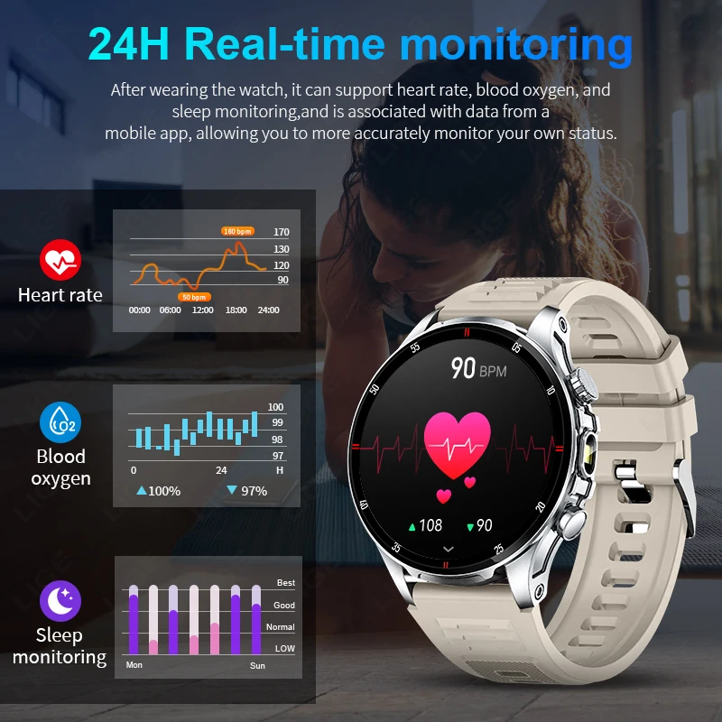 LIGE nouveau Sports de plein air lampe de poche montre intelligente hommes Bluetooth appel montres moniteur de fréquence cardiaque santé Smartwatch pour Android ios
