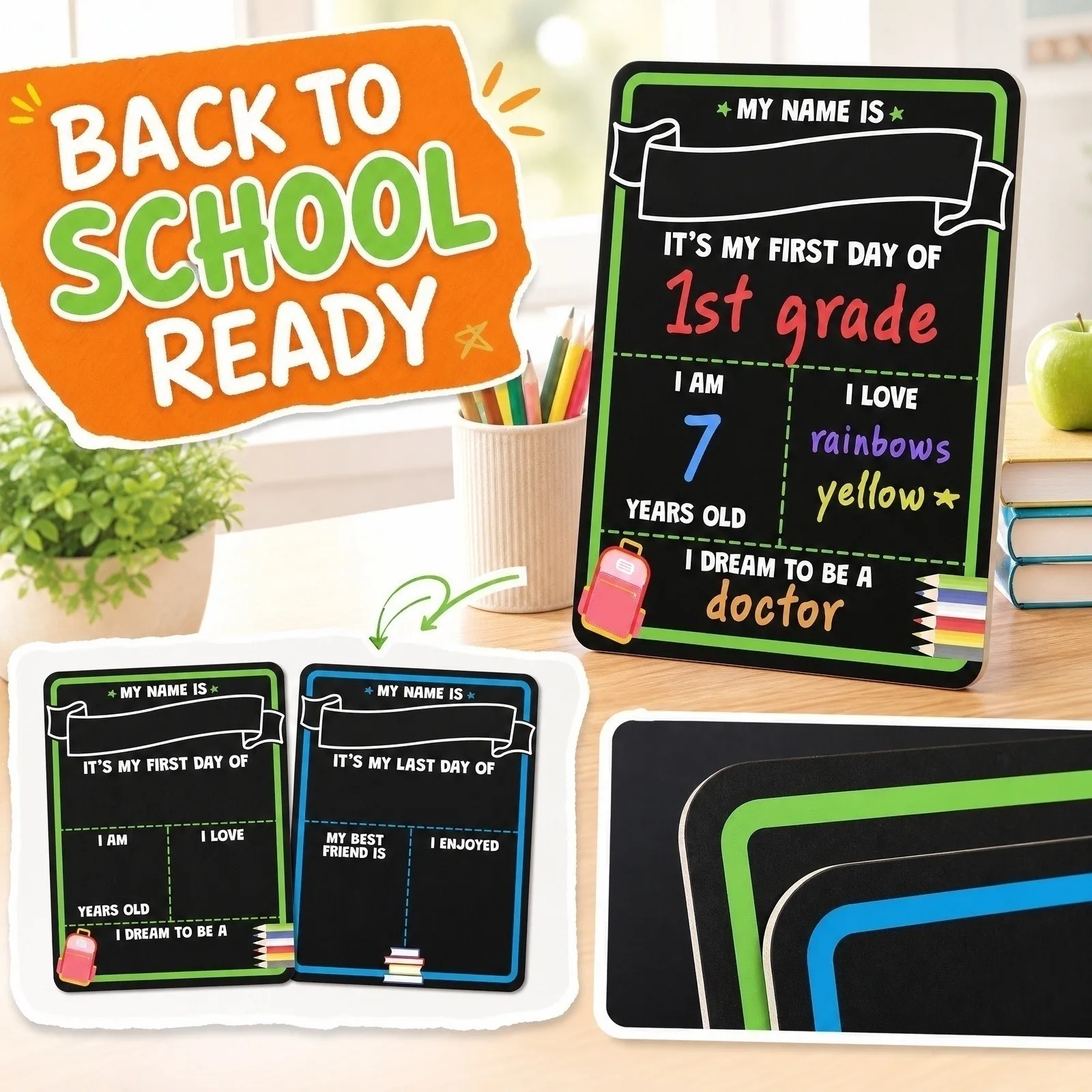 Back to School Double Sided Chalkboard First Day of School Sign for Kids Reusable Chalk Board for Classroom Decoration