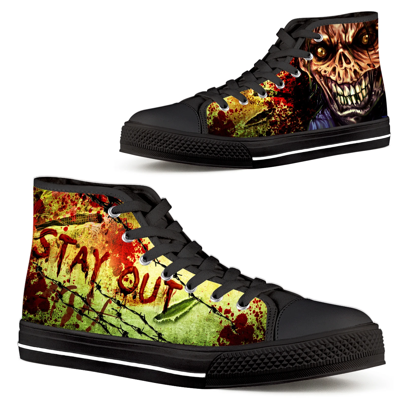 

ELVISWORDS Halloween Scary Zombie Head Men's Fashion Canvas Vulcanized High Top Sneakers Casual Breathable Lace Up Flats Shoes