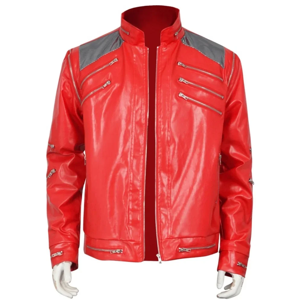

Anime Punk Michael JaEkson Red Jacket Cosplay Costume Men Classic Beat It Stage Outfit Shoulder Mesh Multiple Zipper Details