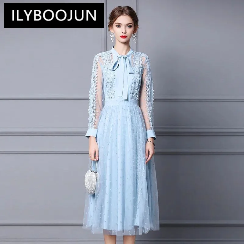 

ILYBOOJUN New Fashion Runway Designer Women's Round Neck Bow Tie Long Sleeve Vintage Tulle Slim-Fit Closed Waist Lace Dress