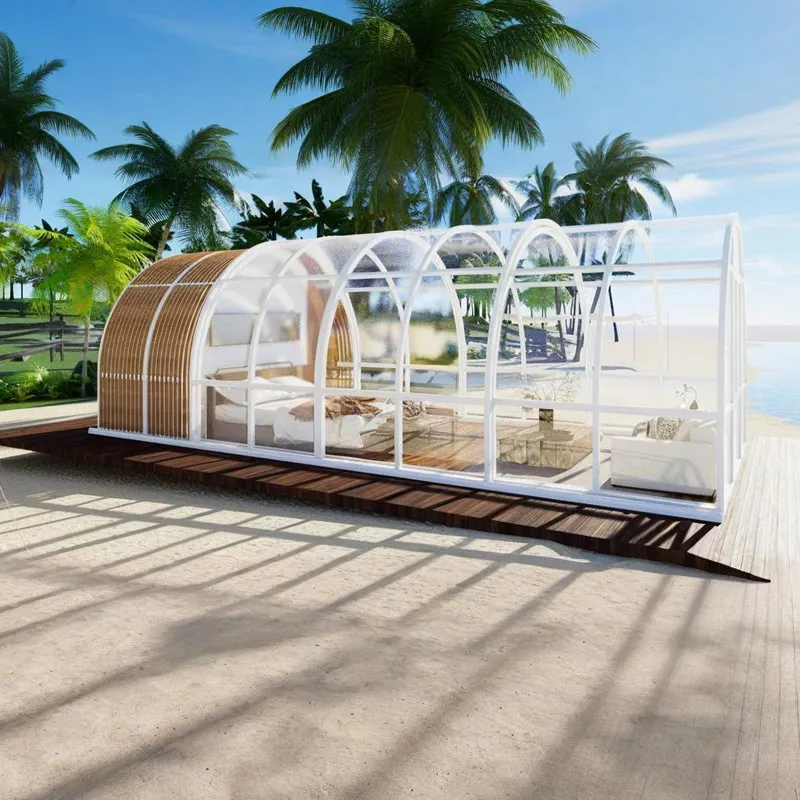Coastal Resort Semicircular Mobile Sunroom with Electric Extension Canopy Lighting Shading Perfect for Beachfront Hotels