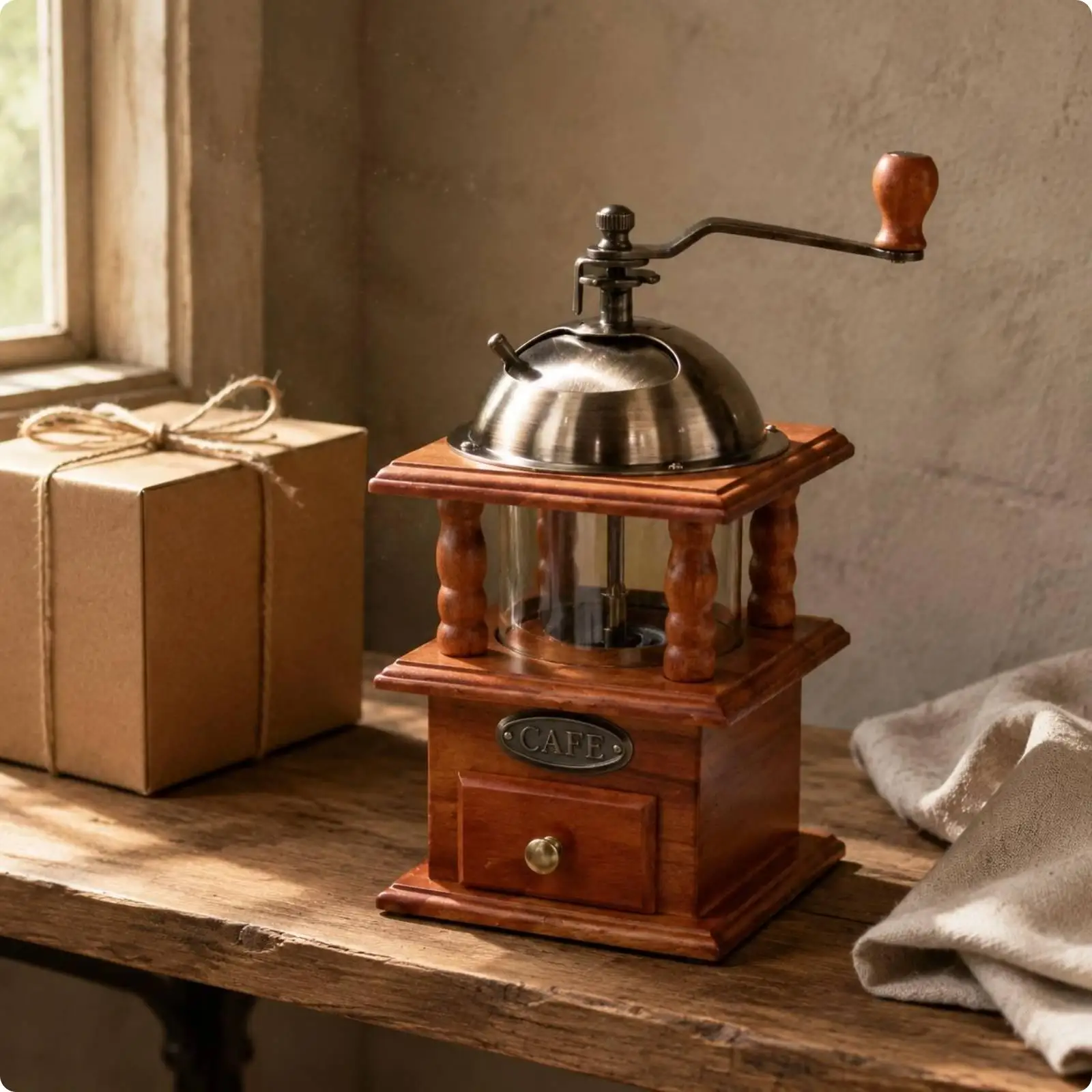 Retro Coffee Grinder Hand Operated Wooden Body Cast Iron Top with Visible Hopper and Drawer for Fresh Ground Coffee Daily