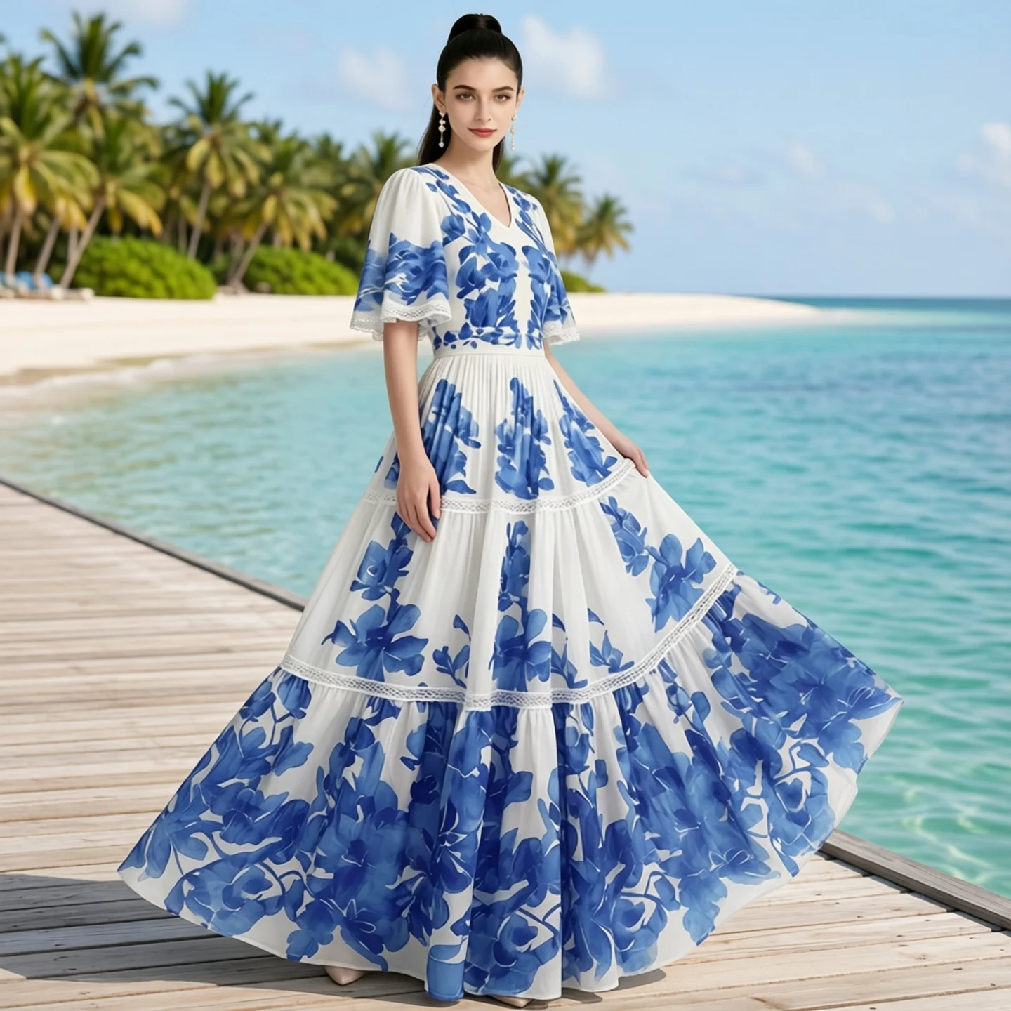 

Elegant Floral Print Maxi Dress with Pleated Skirt V-Neck Puffy Sleeves for Performance Dancing Outdoor Campus And Stage Show